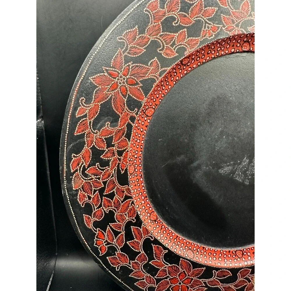 Pier 1 Large Round 13 inch 3 Decorative Wooden Charger Plates Red Black Floral